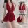 Woman wearing red sheer lingerie set with deep v-neck and lace waistband, featuring transparent fabric and no-remove design f...