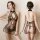 Sheer black lingerie nightgown with floral embroidery, open-crotch design, and cheeky cutout – front and back view.