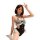 Woman in black and white striped maid costume with ruffles, posing playfully for role play or nightclub outfits.