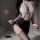 Seductive teacher-style lace bodysuit with sheer chest cut-out, high-slit mini dress and adjustable straps.