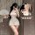 Seductive vintage-inspired silk-look lingerie set featuring a lace-trimmed qipao design with delicate straps, perfect for wom...