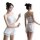 Woman modeling white lace bodysuit and backless camisole set, elegant sleepwear ensemble with ruffled shorts for sophisticate...