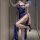 Woman wearing blue lace lingerie set with high slit, featuring delicate straps and elegant design for seductive yet modest ni...