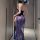 Woman wearing a seductive lace lingerie set with a modest look, featuring intricate blue lace detailing and a uniform-inspire...