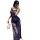 Woman in navy lace lingerie set with sheer straps, modest yet seductive design, holding white feather accessory.