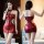 Sexy red pvc leather corset skirt featuring black accents and gold foil details, perfect for nightclub wear.