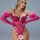 Woman wearing a hot pink sequined bodysuit with feathered sleeves and an open-crotch design.