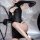 Elegant black bodysuit with deep neckline and lace gloves, featuring a sensual design inspired by traditional chinese qipao e...