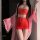 Sensual exotic hanfu lingerie dress - red bodycon with embroidered waistband and transparent sleeves for adults
