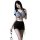 Woman in sensual police-themed lingerie set with handcuffs, featuring a blue top and black skirt for passionate role play.