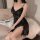 Sensual ice silk sleepwear set featuring a sexy black nightgown with lace details, removable pads, and a side slit design.