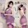 Woman in purple sheer vintage qipao sleepwear with lace backless design, holding fan, styled as provocative nursing lingerie ...