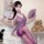 Woman wearing purple sheer lace qipao lingerie set with floral accents, holding fan, seated beside teddy bear.