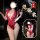 Woman in red lace bodysuit with open-crotch design, holding wine glass; inset shows back view of matching lingerie set.