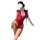 Woman wearing red lace bodysuit with deep v-neck and open-crotch design, featuring mesh detailing and elegant braided hair.