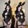 Woman wearing black lace bodysuit with bunny ears, sheer panels, and garter straps; sensual sleepwear set.