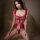 Woman wearing red lace bodysuit with open-crotch design, featuring floral embroidery and bow accents for sensual sleepwear.