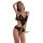 Woman wearing black lace bodysuit with open-crotch design and delicate straps, styled for a bold yet elegant look.