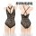 Black lace bodysuit with floral pattern, front and back views, featuring adjustable straps and a deep neckline.