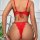 Woman wearing red lace thong set with sheer detailing and adjustable straps, back view of sensual lingerie.