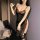 Sensual lace cami dress set featuring elegant black fabric with intricate red lace detailing, perfect for intimate wear or sl...