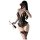Woman in black lace open-crotch bodysuit with sheer panels, holding phone and rose — sensual sleepwear for intimate moments.