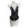 Black lace open-crotch bodysuit with floral pattern and adjustable straps, displayed on a mannequin.
