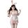 Woman in pink bunny maid costume with lace trim, sheer mesh bodice, white apron, and thigh-high stockings.