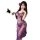 Woman in purple lace sleep dress with sheer mesh, high slit & backless design, holding feather accessory.