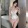 Sensual lace sleepwear set featuring a plunging neckline and ruffled skirt, perfect for intimate nights with couples.