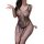 Woman wearing black lace lingerie sleep set with fishnet pattern, featuring strappy shoulders and sheer design for romantic n...