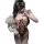Woman in cute lace bodysuit with sheer mesh, holding teddy bear, taking mirror selfie. sweet sleepwear set for small bust.