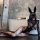 Woman in black lace corset dress and sheer tights with bunny mask, posing elegantly by bathtub — sensual modest stockings set...