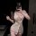 Woman wearing a white sensual nurse costume with lace trim, high slit, and sheer open front. minimalist role play lingerie se...