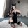 Sensual plum blossom embroidered high-slit backless cheongsam set with sexy maid costume lingerie, featuring black velvet mat...