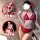 Woman modeling red lace babydoll nightgown with butterfly tie straps and push-up bra, shown front and back views.
