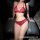 Woman modeling red lace babydoll nightgown with butterfly straps and push-up bra, sheer fabric, elegant lingerie set.