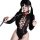 Sensual sheer bodysuit featuring high-cut design, glossy finish, and lace detailing.