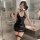 Sensual vinyl slip-on bodycon dress with deep v-neckline, sheer mesh panels, and thigh-high stockings, perfect for nightclub ...
