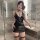 Sensual vinyl slip-on bodycon dress with deep v-neckline, sheer mesh panels, and thigh-high stockings, perfect for nightclub ...