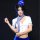 Woman modeling a sexy airline hostess costume set with blue hat, white top, and scarf for playful roleplay.