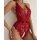 Woman wearing a red lace backless bodysuit with halter straps, open crotch, and front bow tie.