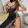 Sexy black floral lace cami dress with low-cut slit, bodycon fit, perfect sleepwear set for women.