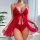 Woman modeling a red floral mesh nightgown with front tie, matching panties, and sheer robe; style intimate lingerie set.