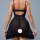Woman wearing a sexy black sheer lace chemise with floral cut-out details and adjustable straps, showcasing seductive mesh sl...