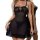 Woman wearing a sexy black sheer lace chemise with floral cut-out details and mesh fabric, styled as seductive sleepwear.