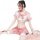 Woman wearing pink plaid sailor-style two-piece outfit with bowknot top and short skirt, sheer sleeves, lace thigh highs — se...