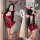 Woman modeling a red sexy bunny costume for women, featuring lace lingerie, fishnet stockings, and bunny ears, perfect for da...