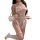 Woman in white lace bunny costume with fluffy tail, holding tray—seductive lingerie set for date night.