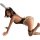 Woman in black bunny girl bodysuit with sheer mesh, open-crotch design, fishnet stockings, and fluffy ears — sexy lingerie co...